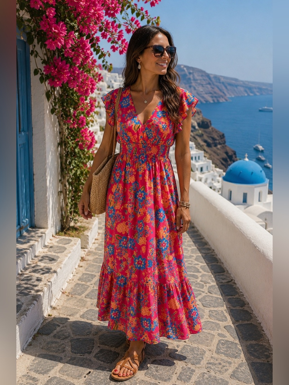 Women's Floral Maxi Dress - Pink & Blue large